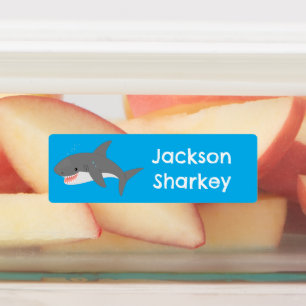 Etiquetas desenho animado feliz com tubarão branco excelente