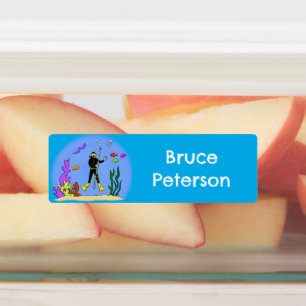 Etiquetas Diver Scuba e desenho animado de criaturas marinha