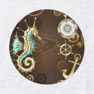 Etiquetas Fundo de madeira com cavalo de mar mecânico