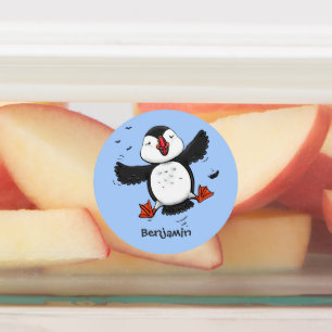 Etiquetas Imagem azul de desenho animado de puffin voador e