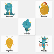 Feliz monstro amarelo azul de volta à escola