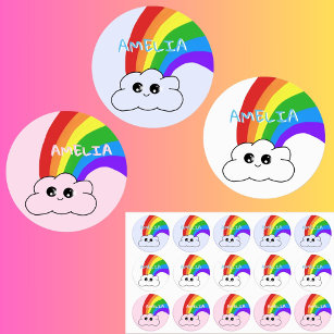 Etiquetas Infantis Nome da Nuvem Coriosa do Rainbow Kawaii
