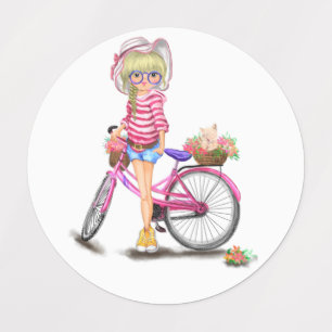 Etiquetas Loura-branca e bicicleta cor-de-rosa com gato nas