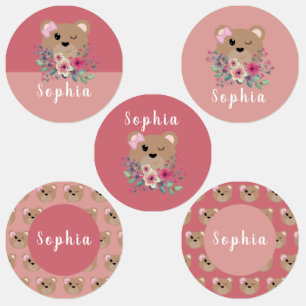 Etiquetas Meninas Cute Teddy Bear Pink Name