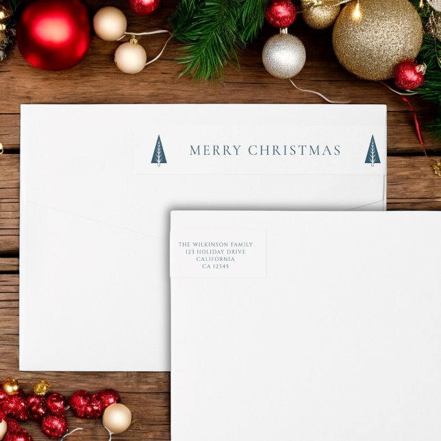 Etiquetas Natal festivo personalizado (christmas wrap around mail label , with a blue tree and text saying merry christmas )