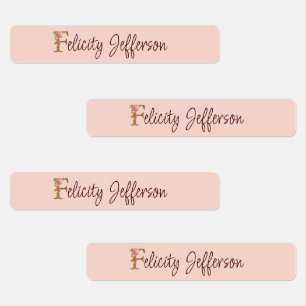 Etiquetas Nome Personalizado Letra F Dourado Folha Rosa Cor-