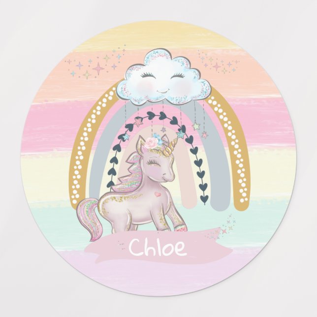 Etiquetas Nome Personalizado 🦄 Rainbow Unicorn Girl (Design 1)