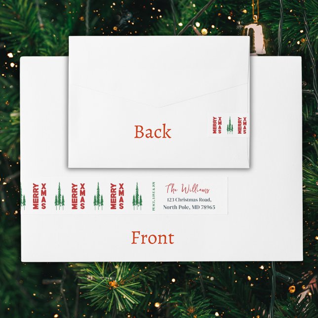 Etiquetas Para Envelope Merry Xmas | Pinheiros (Elevate your holiday mailings with this eye-catching wrap-around Christmas address label. Order now!)