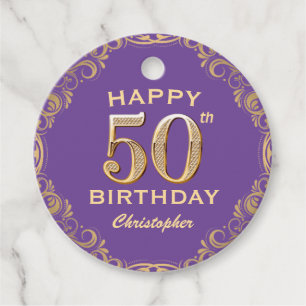 Etiquetas Para Lembrancinhas 50ª Festa de aniversário, Roxo e Dourada, com imag