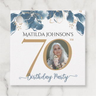 Etiquetas Para Lembrancinhas 70 Birthday Blue Dourado Foto Personalizada Floral