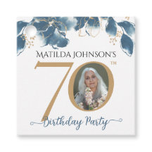 70 Birthday Blue Dourado Foto Personalizada Floral