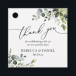 Etiquetas Para Lembrancinhas Agradecimento de Casamento de Eucalipto Verde Rúst<br><div class="desc">Projetado para combinar com nossa coleção Boho Greenery,  esta etiqueta personalizável apresenta ramos de eucalipto em aquarela com texto gráfico em caligrafia,  combinado com uma serifa clássica em preto. Itens correspondentes disponíveis.</div>