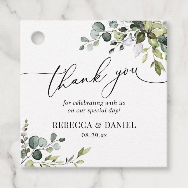 Etiquetas Para Lembrancinhas Agradecimento de Casamento de Eucalipto Verde Rúst (Frente)