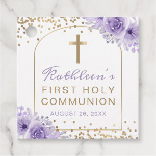 Etiquetas Para Lembrancinhas Arch Purple Dourado Floral Primeira Comunhão Obrig
