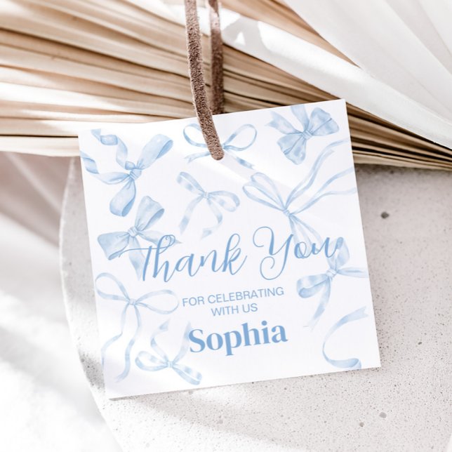 Etiquetas Para Lembrancinhas Arco azul doce 16.ª Festa de aniversário quadrada (Coquette Blue Bow Sweet Sixteen Birthday Party Favor Tags)