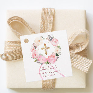 Etiquetas Para Lembrancinhas Arco de grinalda floral rosa Primeira Comunhão DIY