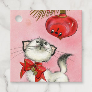 Etiquetas Para Lembrancinhas Árvore de Gata Rosa Vintage, Retrato de Natal boni