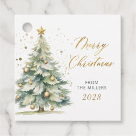 Etiquetas Para Lembrancinhas Árvore de Natal de Aquarela Dourada Moderna