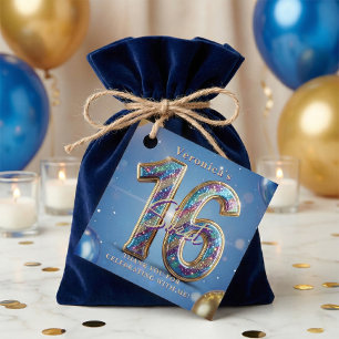 Etiquetas Para Lembrancinhas Azul Dourado Brilho Doce 16 Aniversário Obrigado