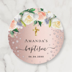 Etiquetas Para Lembrancinhas Batismo rosa de ouro floral, branca, rosa