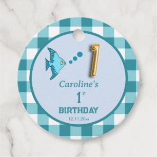 Etiquetas Para Lembrancinhas Bolo de 1º Aniversário Azul Teal Xadrez Peixe Balã