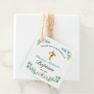 Etiquetas Para Lembrancinhas Bonito Blue Floral Dourado Cross Baby Baptism