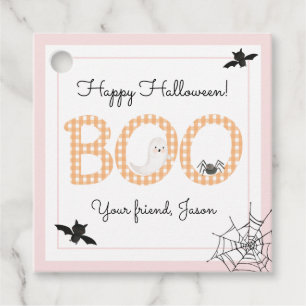 Etiquetas Para Lembrancinhas BOO Happy Halloween Gingham Orange Pink Spooky