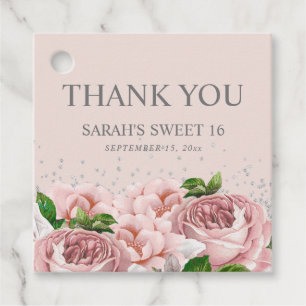 Etiquetas Para Lembrancinhas Brilho Prateado Floral Rosa Agradecimento Sweet 16