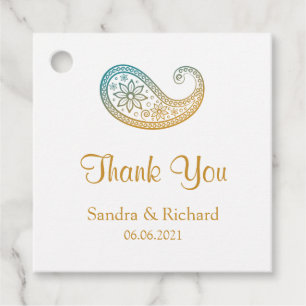 Etiquetas Para Lembrancinhas Casamento Dourado e Teal Paisley Indian Obrigado