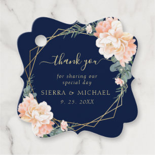 Etiquetas Para Lembrancinhas Casamento Floral de Pêssego Azul-Dourado Azul-Blu