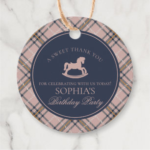Etiquetas Para Lembrancinhas Cavalo de Balanço de Xadrez Tartan Rosa Círculo de