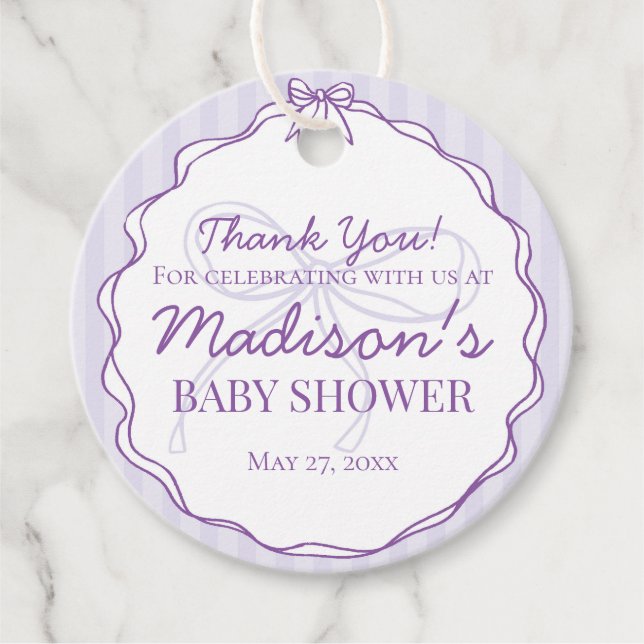 Etiquetas Para Lembrancinhas Chá de fraldas com Lavanda de Arco de coquete roxo (Frente)
