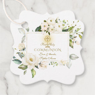 Etiquetas Para Lembrancinhas Charm White Floral Dourado Cruz Comunhão Sagrada