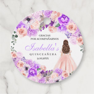 Etiquetas Para Lembrancinhas Círculo de Quinceanera Floral Cor-de-Rosa e Roxo