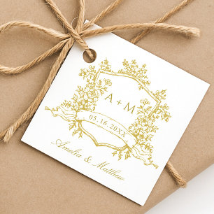 Etiquetas Para Lembrancinhas Clássico Floral Crest Dourado Casamento Obrigado