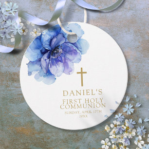 Etiquetas Para Lembrancinhas Comunhão Santa Floral em Aquarela Azul Empoeirado