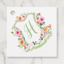Crest Floral de Aquarela com Monograma, Verde & Ro