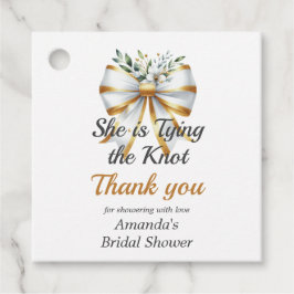 Etiquetas Para Lembrancinhas Dando o Nó Dourado Laço Branco Floral Chá de Noiva