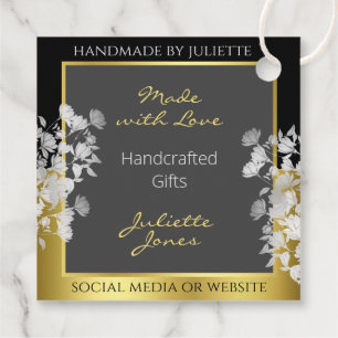 Etiquetas Para Lembrancinhas Design Floral e Flores de Cinza, Douradas, pretas