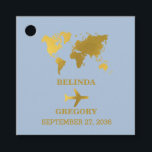 Etiquetas Para Lembrancinhas Destination Wedding World Passport Dusty Blue Gold<br><div class="desc">A dusty blue and gold destination wedding passport design with gold world map, airplane and travel elements. This design is ideal for all Spring, Summer, Fall and Winter destination weddings. An elegant dusty blue and gold wedding travel design with passport layout, world map and custom couple photo. A modern destination...</div>