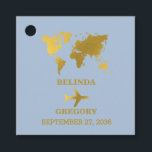 Etiquetas Para Lembrancinhas Destination Wedding World Passport Dusty Blue Gold<br><div class="desc">A dusty blue and gold destination wedding passport design with gold world map, airplane and travel elements. This design is ideal for all Spring, Summer, Fall and Winter destination weddings. An elegant dusty blue and gold wedding travel design with passport layout, world map and custom couple photo. A modern destination...</div>