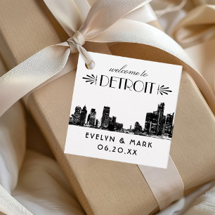 Etiquetas Para Lembrancinhas Detroit Skyline Black Art Deco Casamento Bem-Vindo
