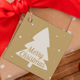 Etiquetas Para Lembrancinhas Dourado com pinheiro branco e flocos de neve árvor