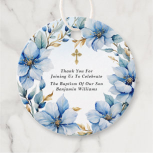 Etiquetas Para Lembrancinhas Dourado e azul aquarela Floral Batismo Obrigado