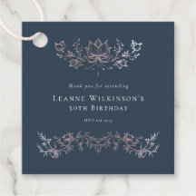 Elegant Navy Rose Gold Botanical Birthday Tags