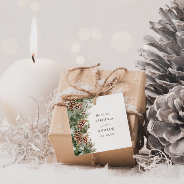 Etiquetas Para Lembrancinhas Elegante Pine Wedding (Elegant White Watercolor Evergreen Pinecone Square Wedding Favor Tags by Painted Paperie
)