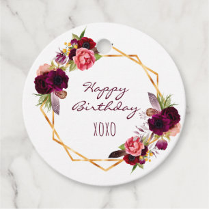 Etiquetas Para Lembrancinhas Feliz aniversário, branco floral, geo burgundy
