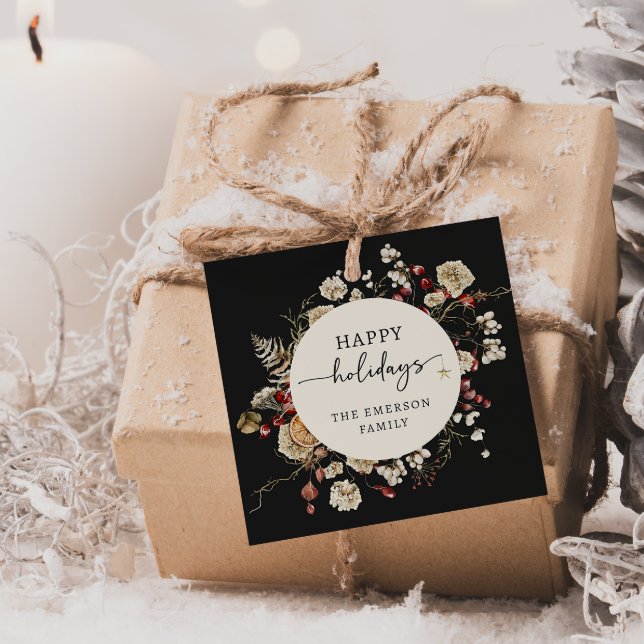 Etiquetas Para Lembrancinhas Feriado Negro (Happy Holidays Black Boho Botanical Christmas Favor Tags
)