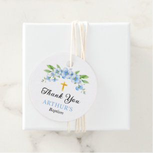 Etiquetas Para Lembrancinhas Flores azuis e batismo dourado Obrigado