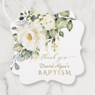 Etiquetas Para Lembrancinhas Flores brancas de aquarela Dourada Batismo Cross B